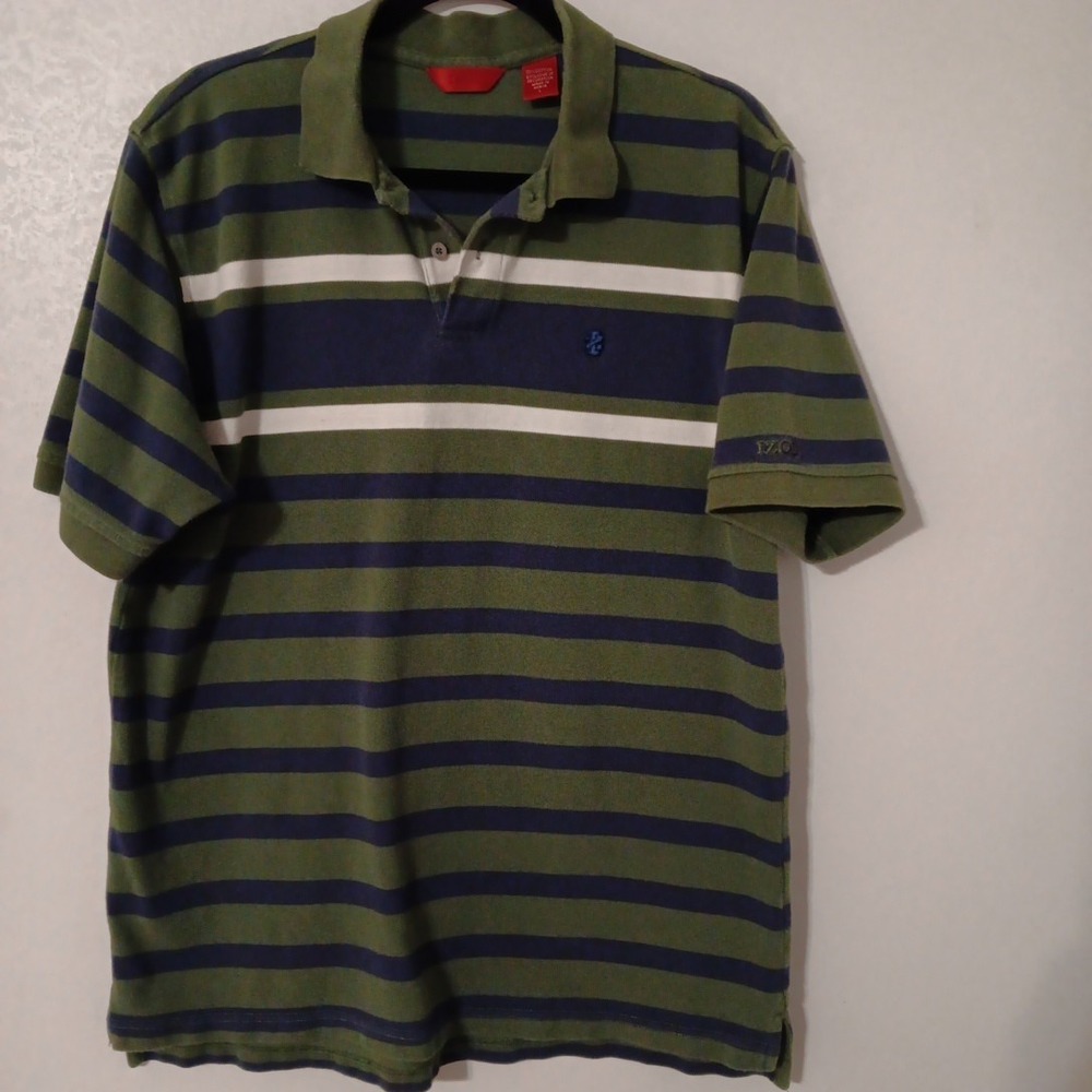 Izod Men's Polo Shirt Sz L Green w/ Blue & White Stripes Red Label 100% Cotton